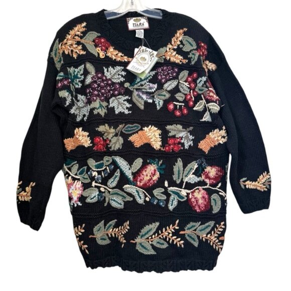 Vintage 80s NEW Tiara Floral Embroidery Cotton Sweater Pullover Oversized Boho L - Picture 2 of 15